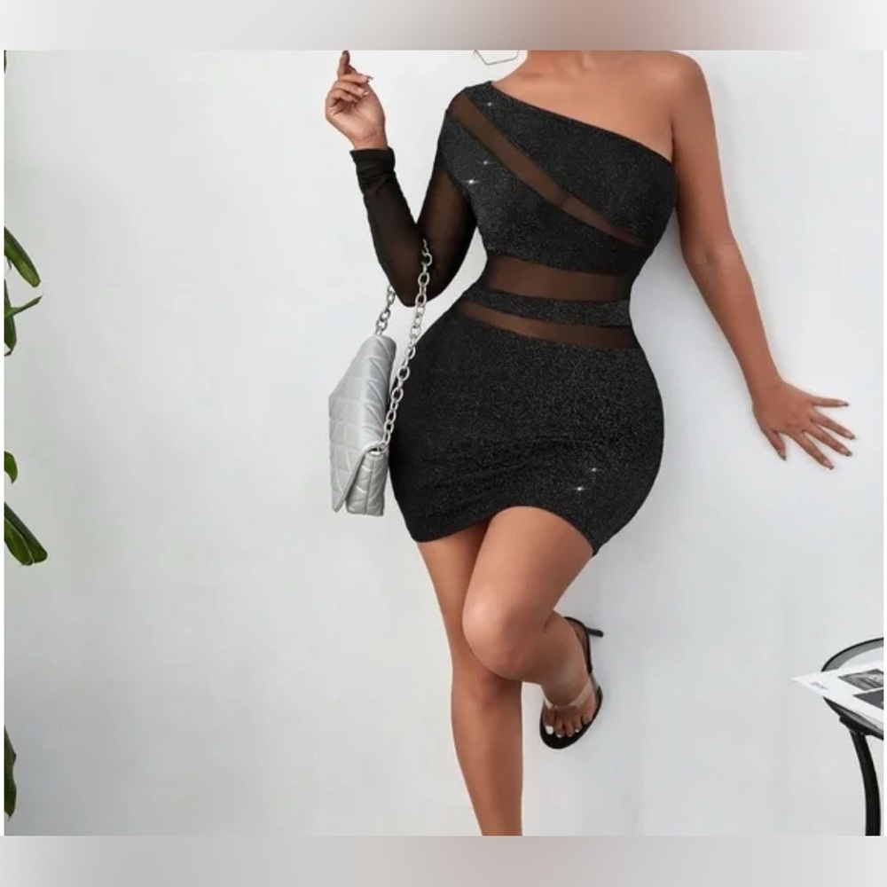 SHEIN Sparkling Black Mesh One-Shoulder Dress